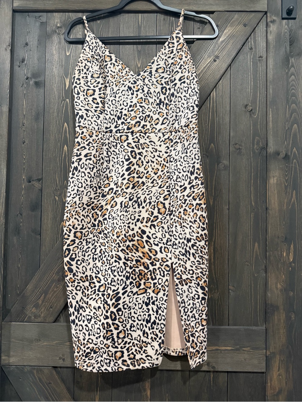 Leopard Print Spaghetti Strap Midi Dress in Beige